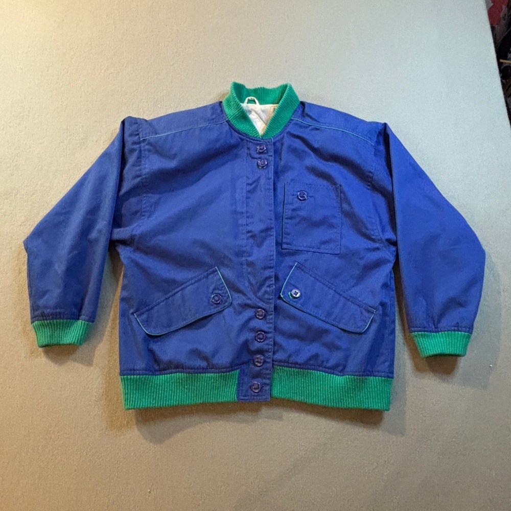 VTG Andy Johns 80s Colorblock Bomber Jacket Mens L Blue Green Ribbed Knit Macau